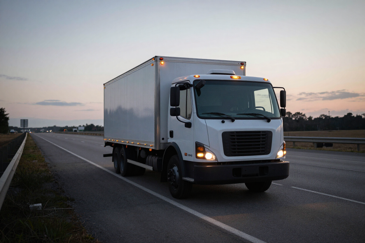 Mobile truck repair service vehicle parked on highway shoulder at dusk with amber warning lights active