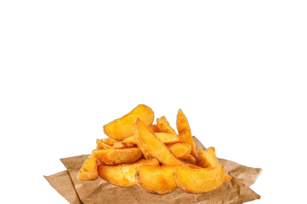 A white cup filled with french fries on a white background.