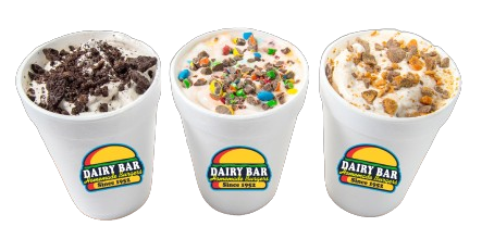 Three cups of ice cream with different flavors on a white background.