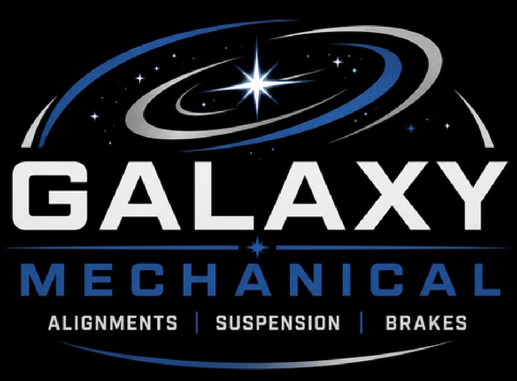 Galaxy Mechanical logo with blue and white text, starry arc, and services: alignments, suspension, brakes