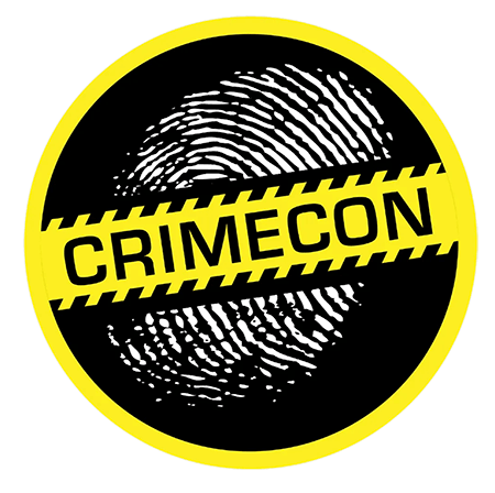 A black and yellow circle with a fingerprint and the word crimecon on it.