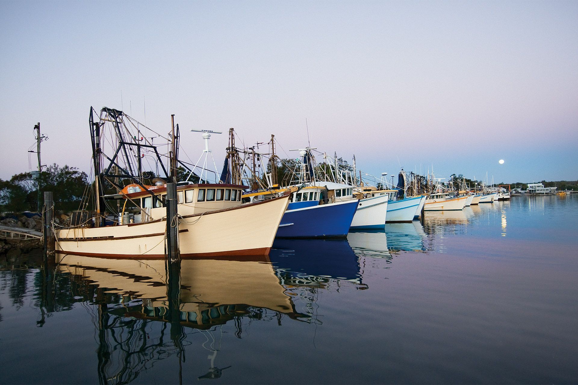 Fishing trawlers docked in a harbor at dusk, reflected in the calm water.