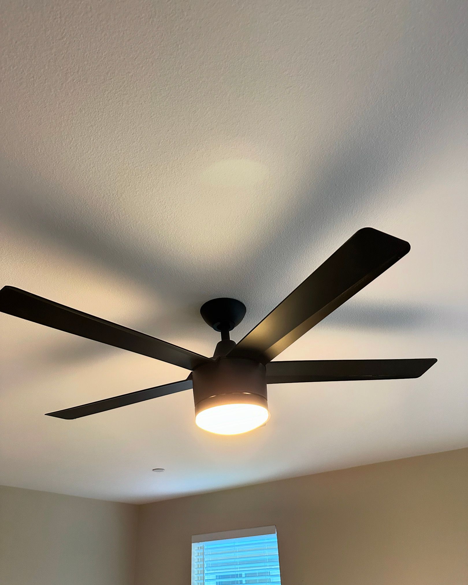 Ceiling fan with five dark blades and central light fixture, mounted on white ceiling.