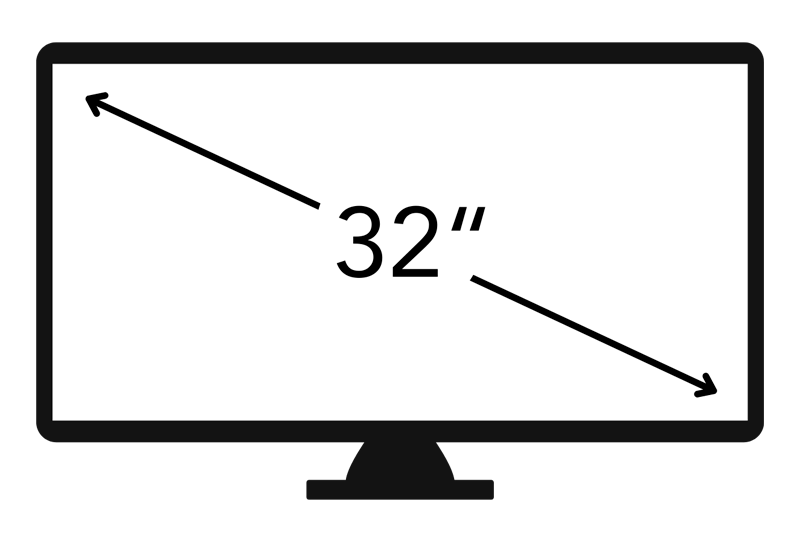 32-inch black TV with a black stand; a diagonal arrow indicates the 32-inch screen size.