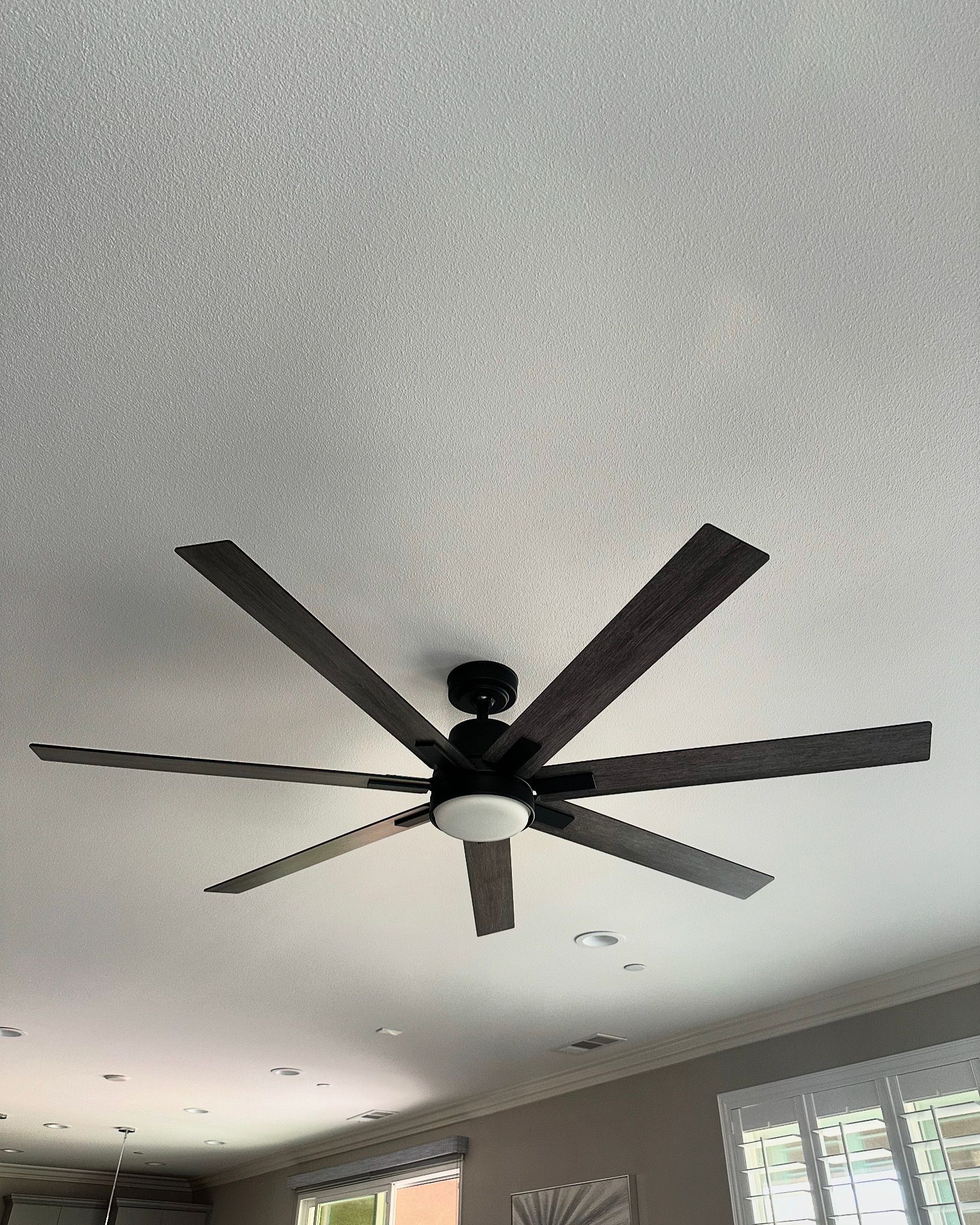 Ceiling fan with dark blades and light, centered on textured white ceiling.