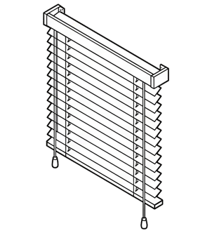 Line drawing of horizontal window blinds with pull cords and top rail