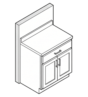 Black-and-white drawing of a small cabinet or vanity with a countertop, back panel, drawer, and double doors.