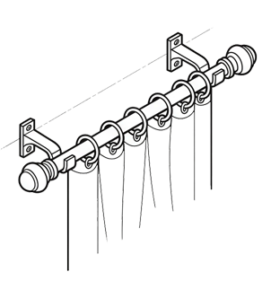 Curtain rod with several hanging rings and loose fabric strips, mounted between two wall brackets