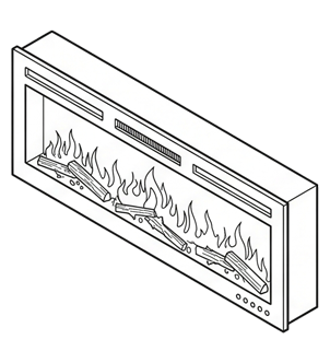Wall-mounted electric fireplace with a glass front and visible flames in a white frame