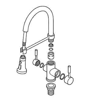 Exploded view of a faucet assembly with handle, spout, and plumbing parts shown separated.