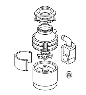 Exploded view of a garbage disposal