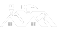 Line drawing of a house with tool outlines: paint roller, hammer, brush. Two windows.