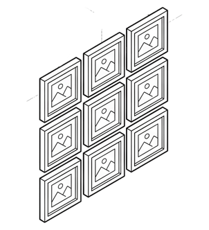 Nine framed pictures arranged in a 3-by-3 grid on a plain background.