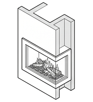 Isometric diagram of a modern wall-mounted fireplace with glass front and open flue chute