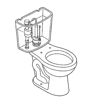 Illustrated toilet with tank cutaway showing internal flush mechanism and water components