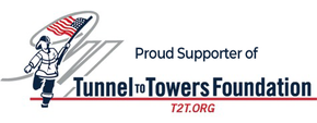 Firefighter running with American flag; Tunnel to Towers Foundation logo.