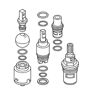 Exploded view of three mechanical valve components with washers and seals.