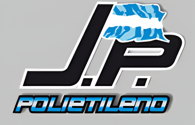 Logotipo con las letras “JP” estilizadas en negro y azul y la palabra “POLIETILENO” debajo sobre un fondo gris.
