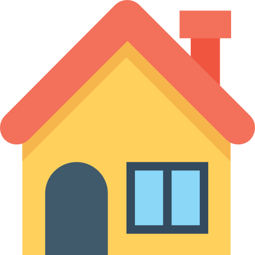 Yellow house with red roof, chimney, blue door, and window.