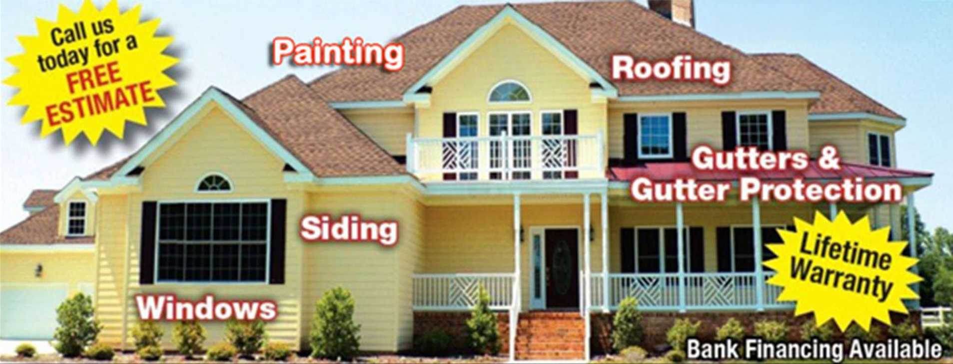 Advertisement for home improvement services, showcasing a yellow house, including roofing, siding, and windows.