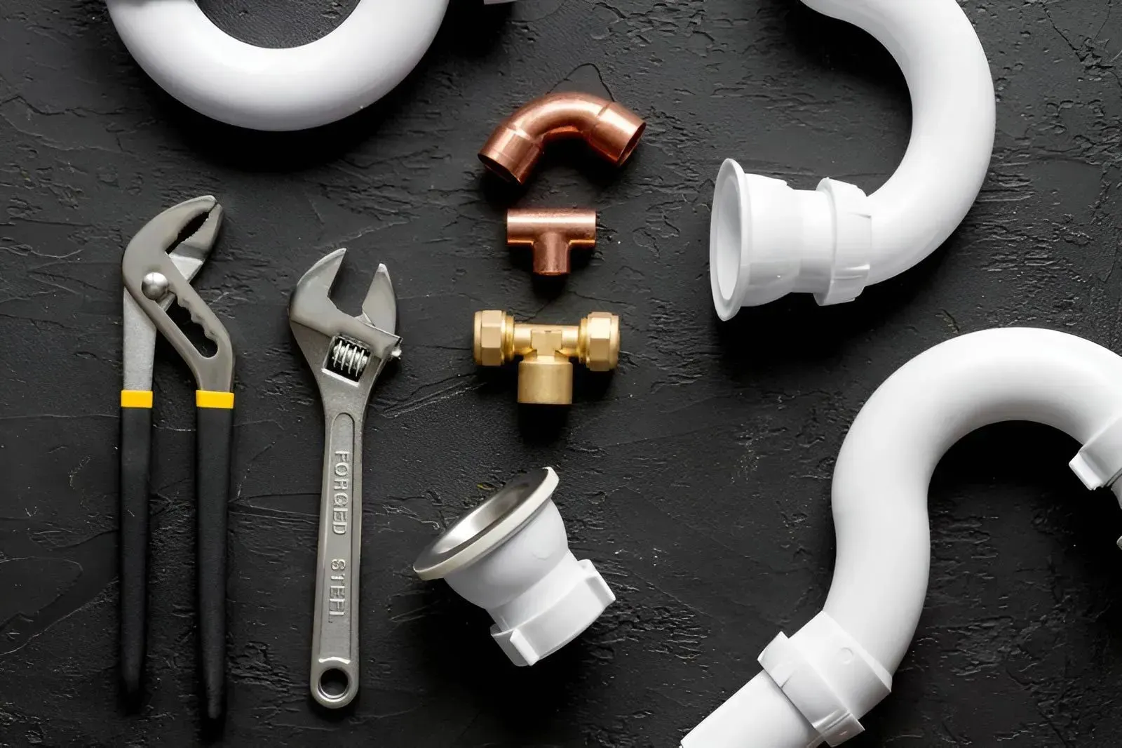 Arranged with Copper Fittings and White Plastic P-Traps on A Black Surface — Dunnrite Plumbing Services in Proserpine, QLD