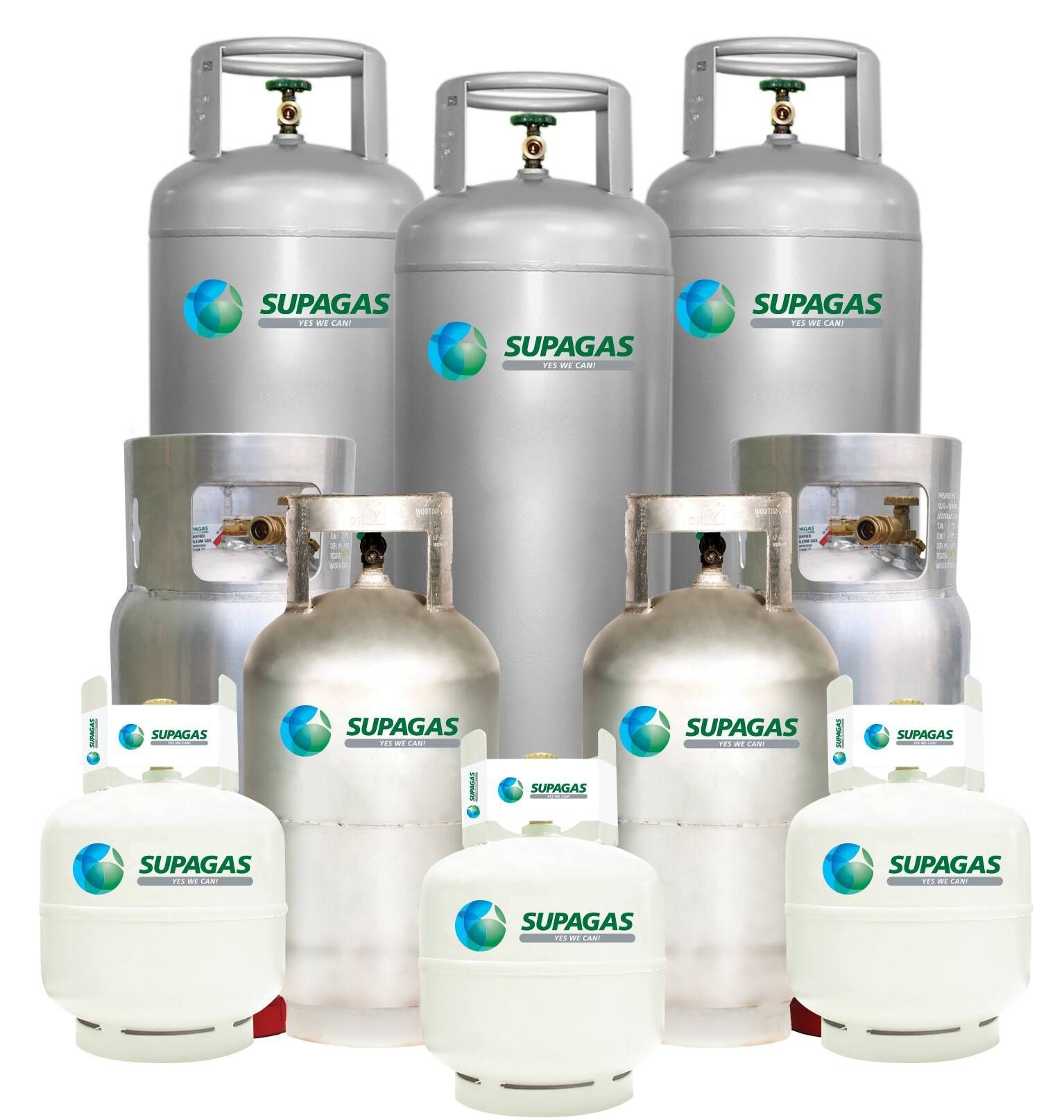 Assorted Supagas Gas Cylinders and Tanks in Silver and White — Dunnrite Plumbing Services in Proserpine, QLD