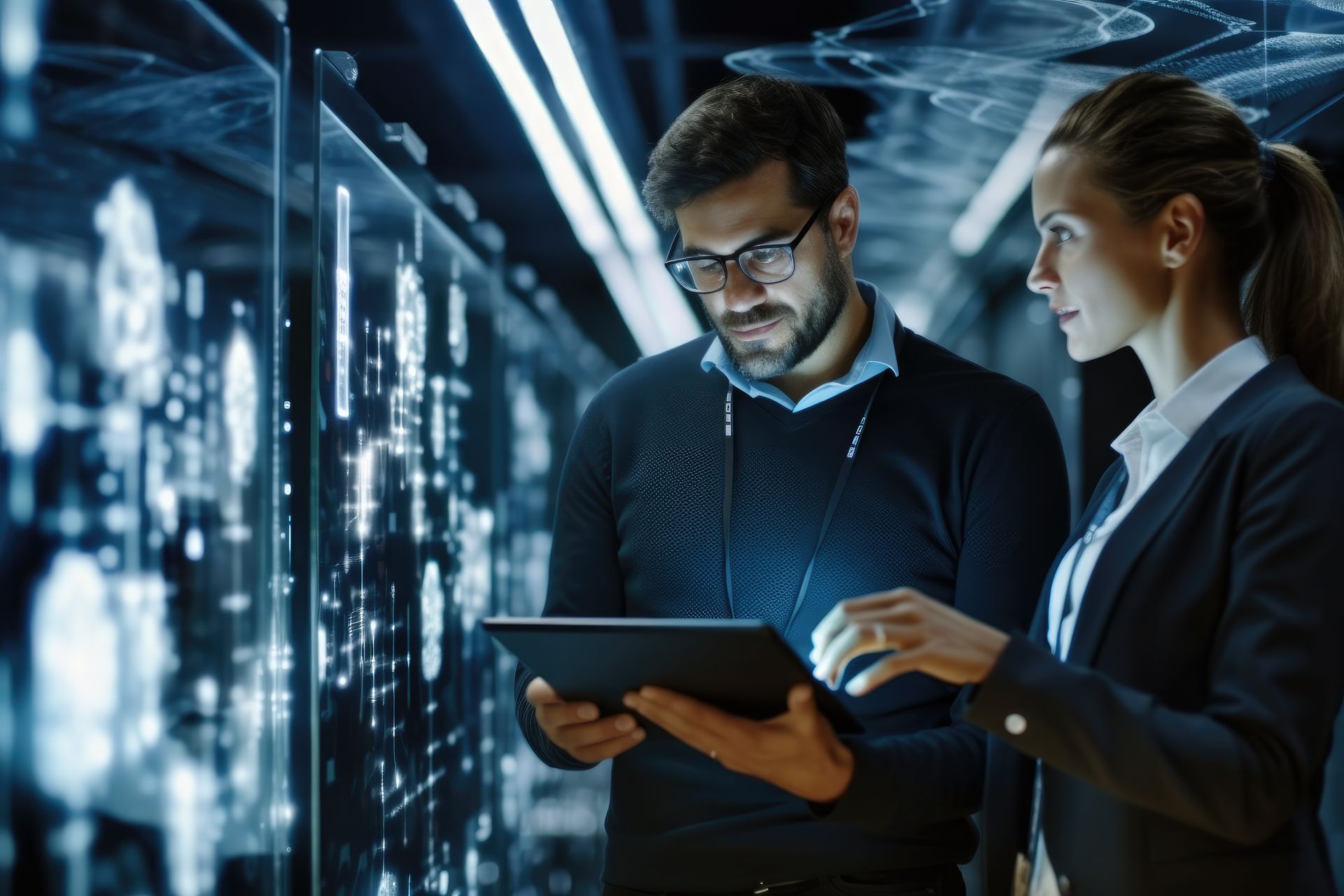 A man and a woman are looking at a tablet in a server room.