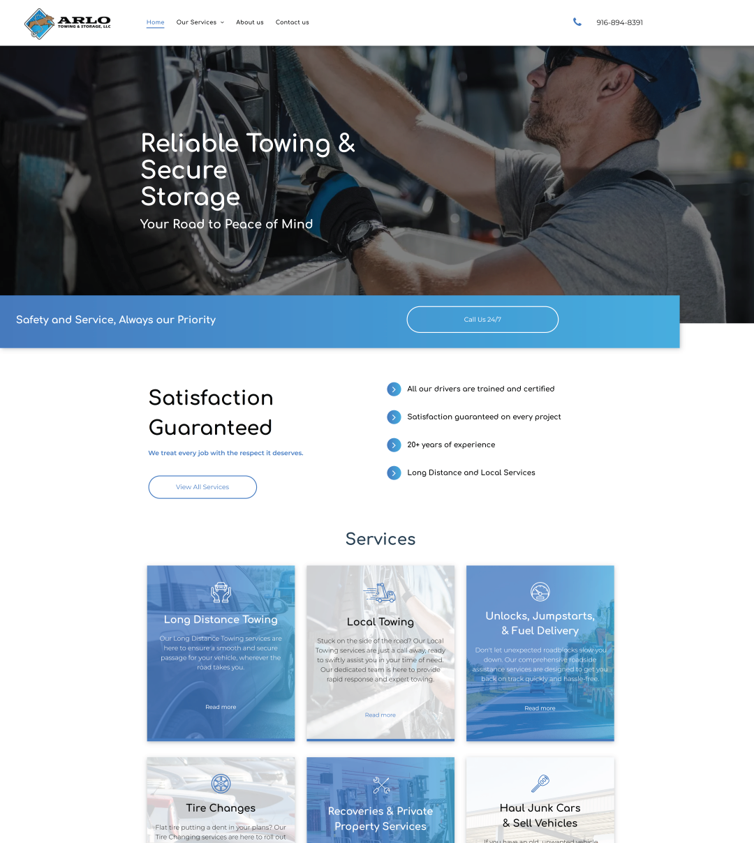 A website for Arlo Towing and Storage, reliable towing and secure storage company