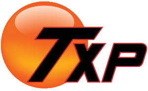 An orange and black txp logo on a white background