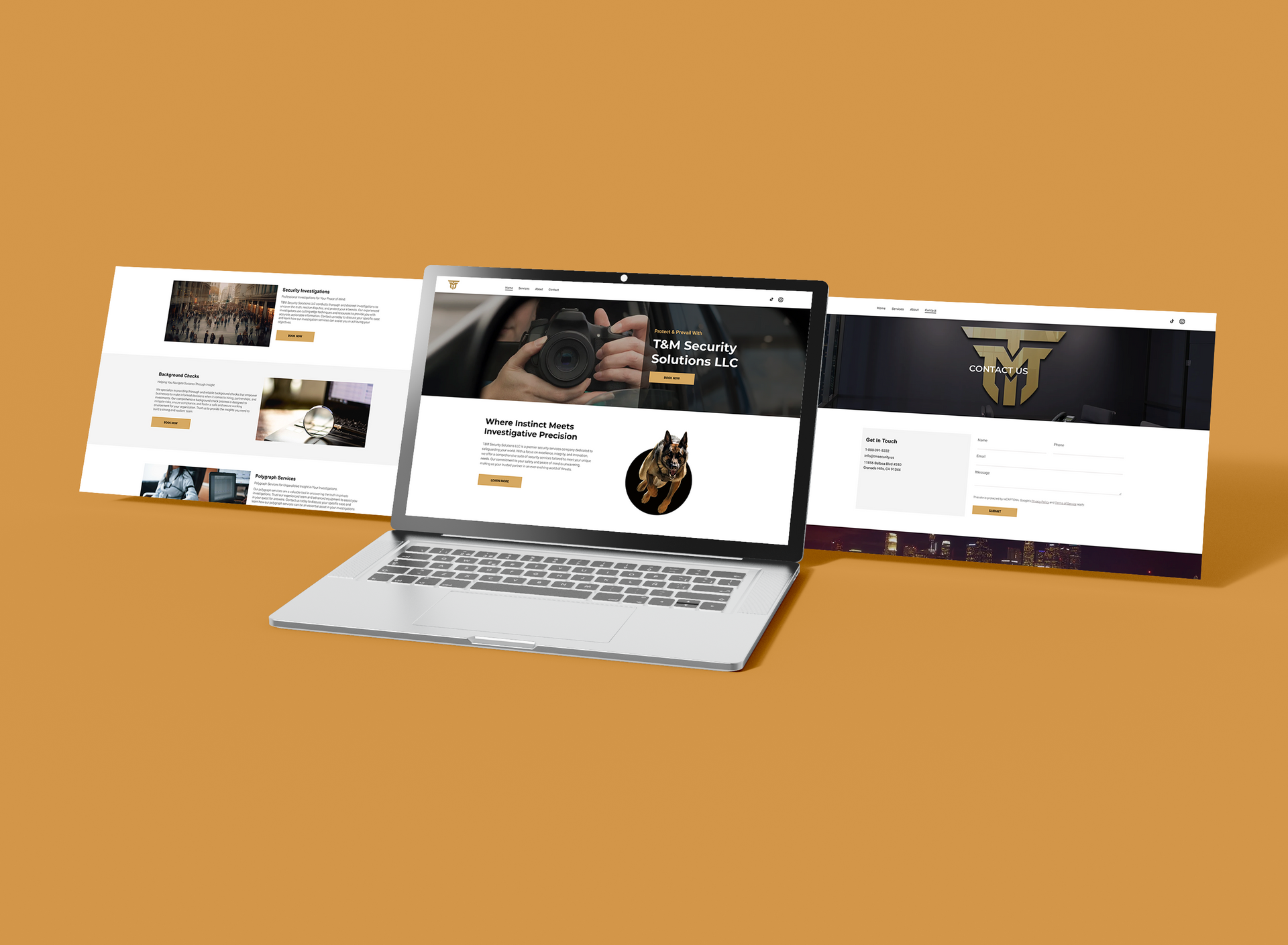 A laptop is open to a show several pages of the T&M Security website