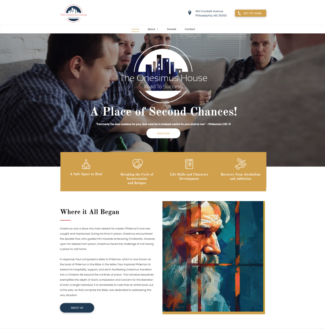 The website homepage for The Onesimus House nonprofit. 