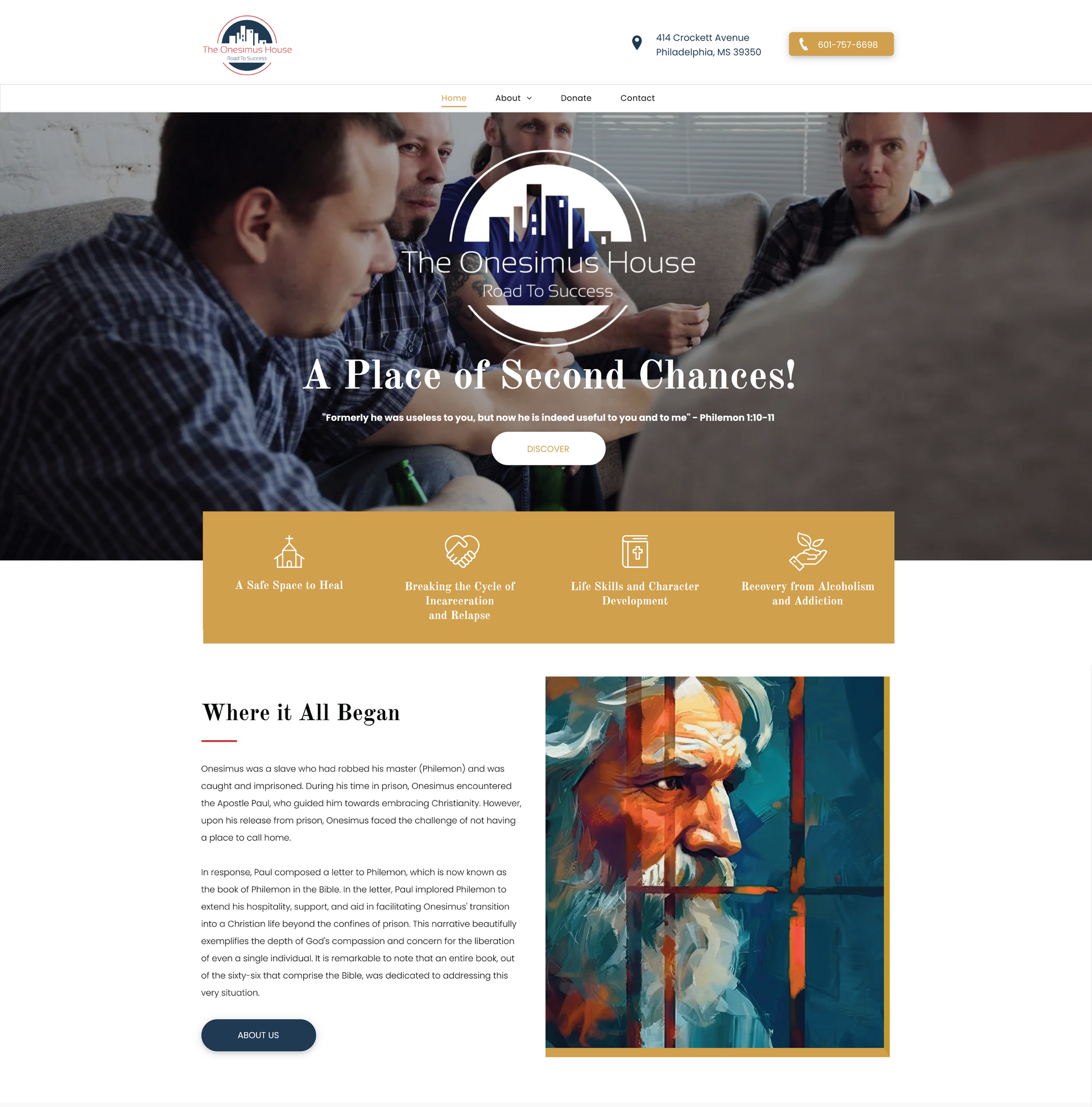 The website homepage for The Onesimus House nonprofit. 