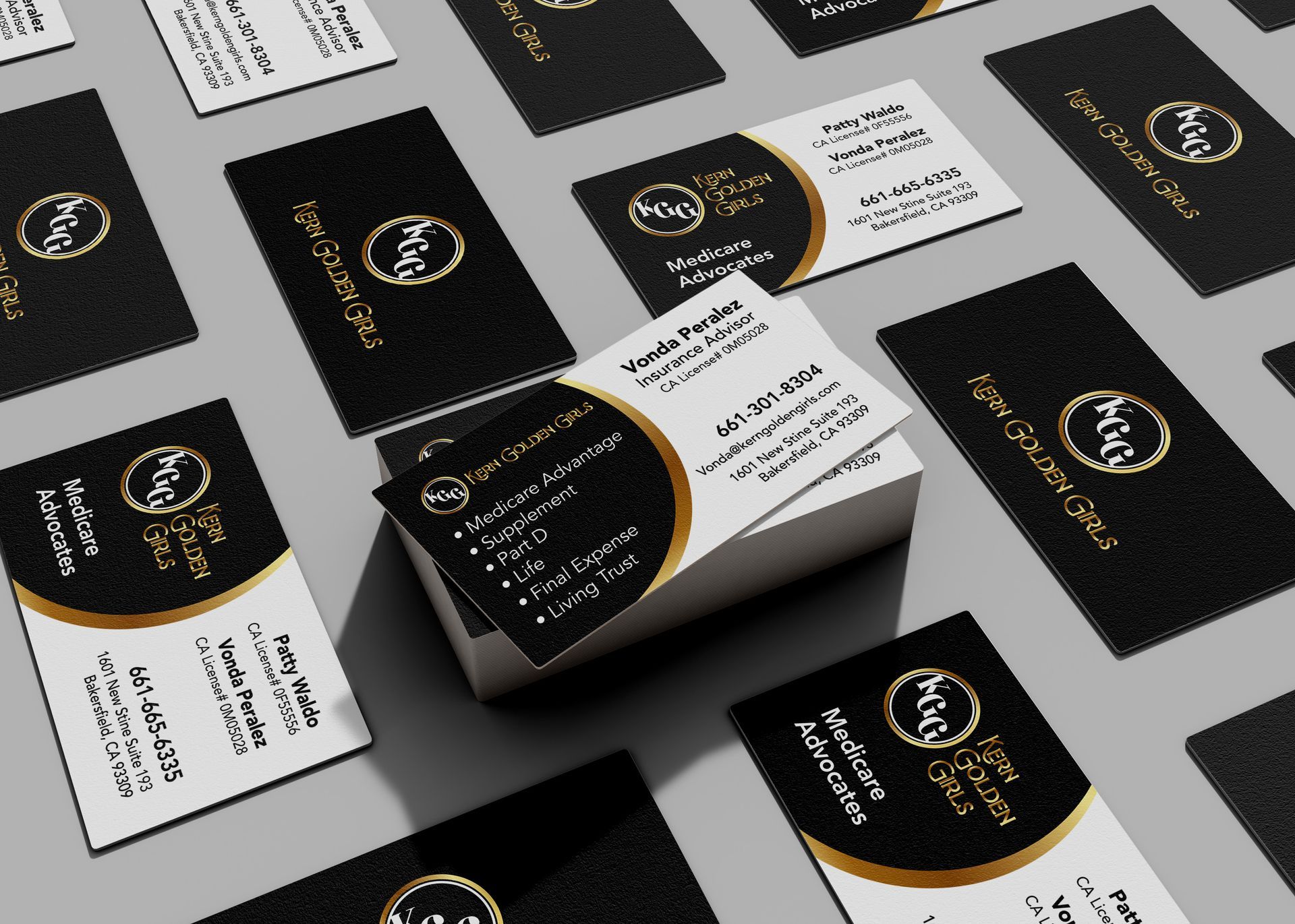 A bunch of Kern Golden Girls business cards are stacked on top of each other