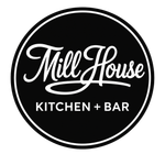 Mill House Kitchen + Bar logo in white script on a black circular background