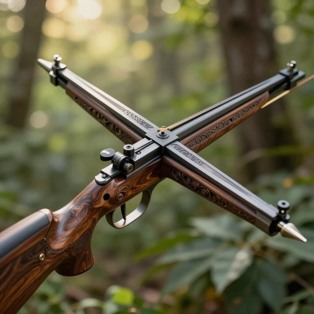 Wooden crossbow with ornate stock and crossed limbs in a forest setting