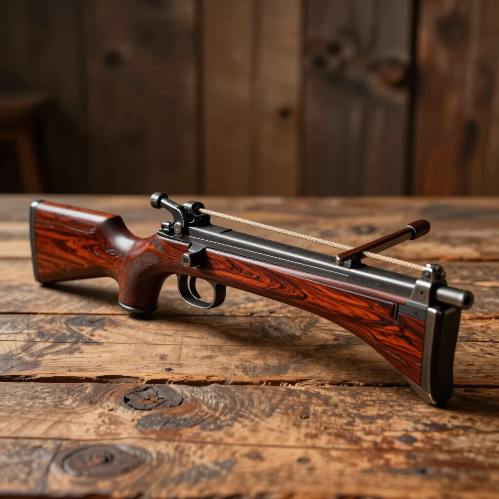 Wooden stock rifle with scope on a rustic wooden table, against a blurred wood backdrop