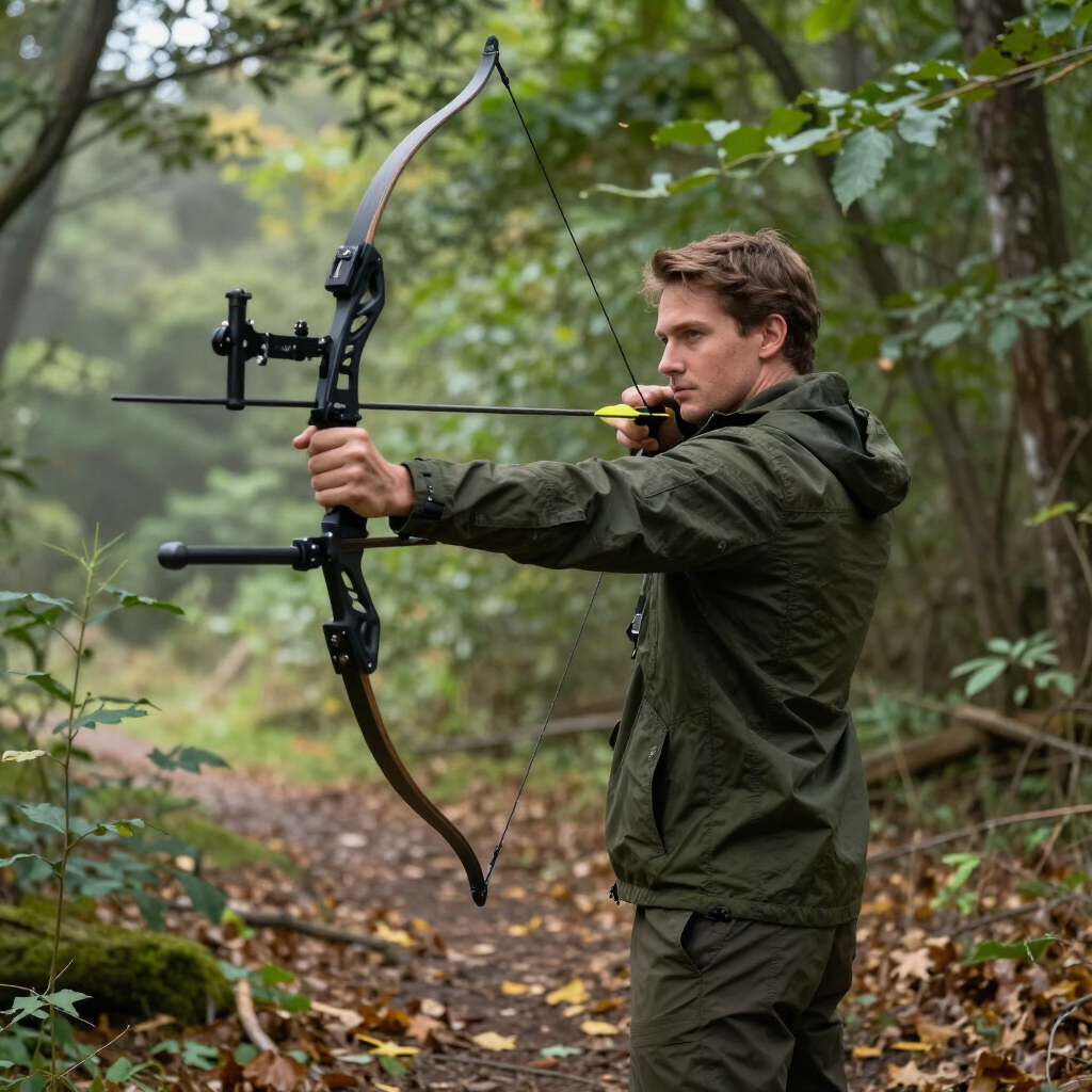 Person aiming a compound bow in a wooded forest clearing.