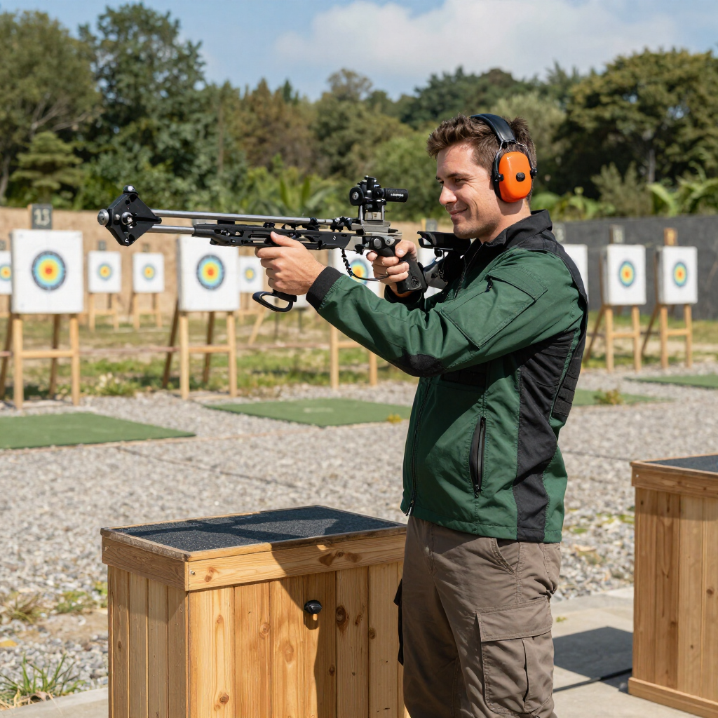 Person aiming a scoped rifle at an outdoor shooting range with target boards in the background