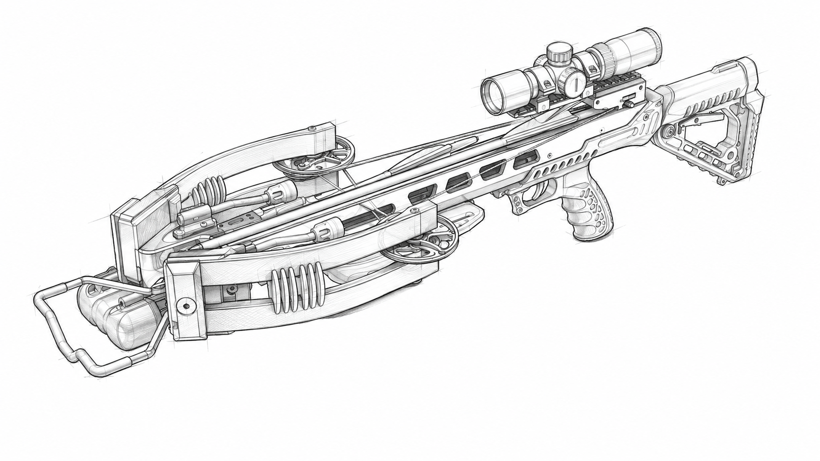 Line drawing of a futuristic crossbow-like weapon with a scope and folded stock, shown on a white background