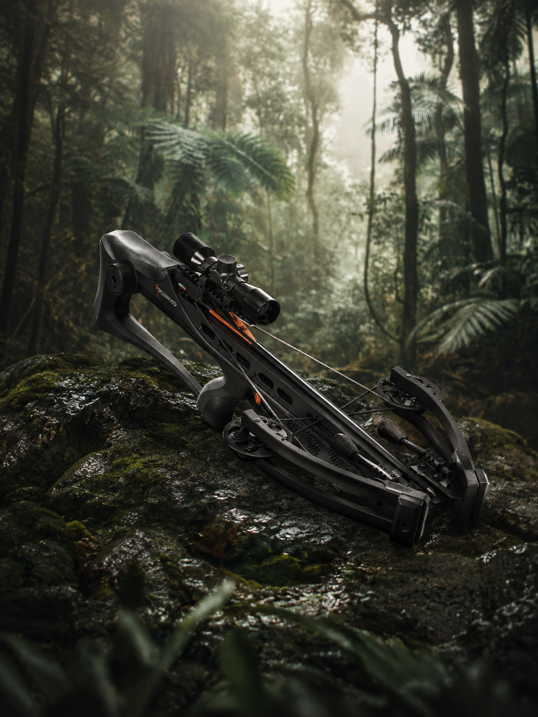 Crossbow lying on a mossy forest floor in a misty woodland