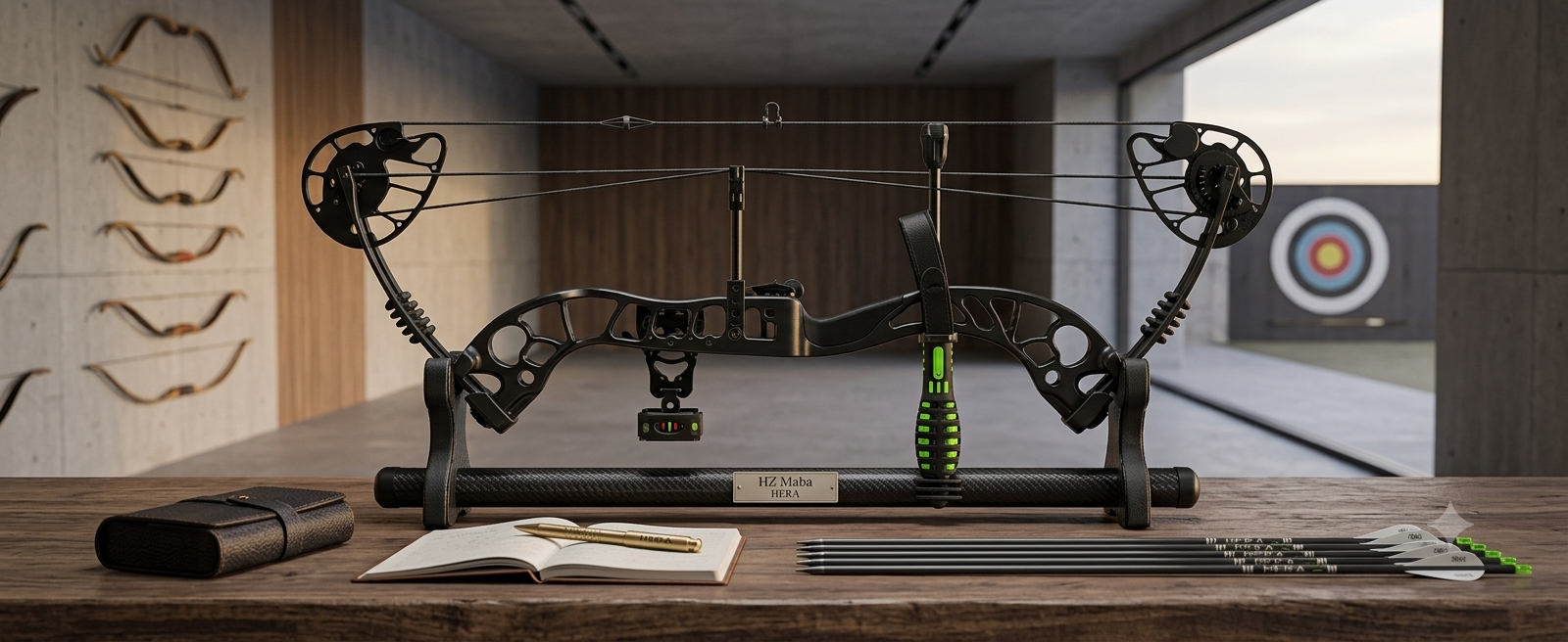 Inside a workshop, a compound bow sits on a workbench with tools and a target in the background