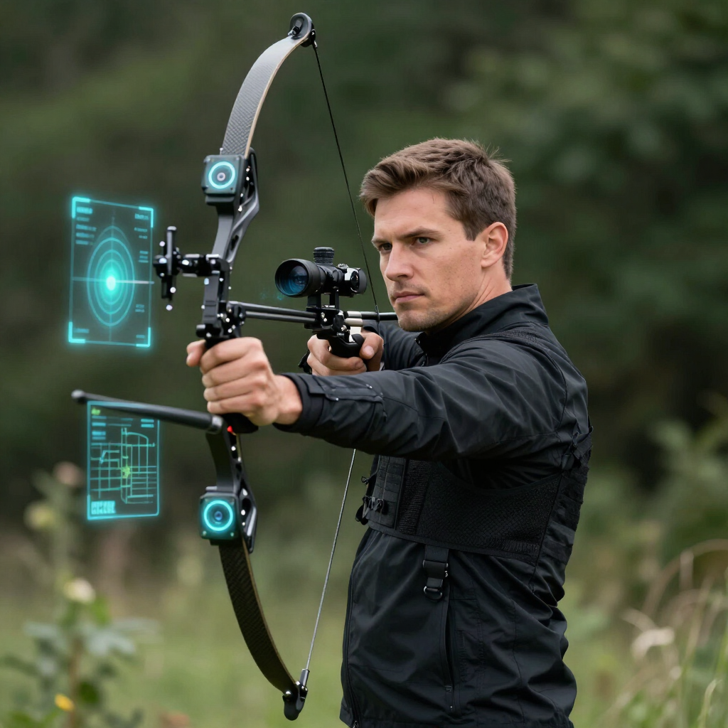 Man aiming a compound bow with glowing digital HUD overlays in a grassy outdoor field