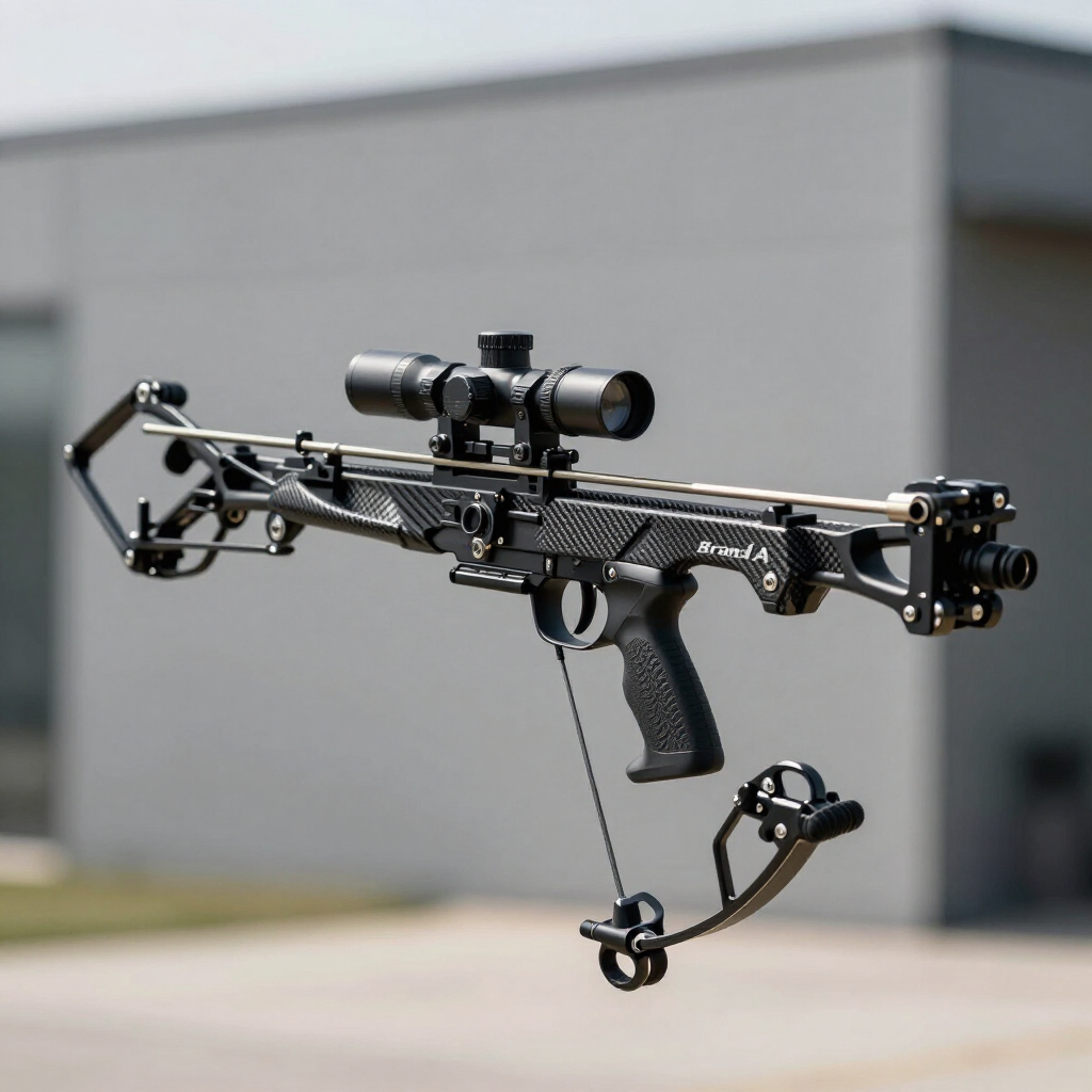 Compound bow with scope and stabilizer, suspended outdoors against a blurred gray building background