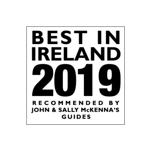 The logo for best in ireland 2019 is recommended by john and sally mckenna 's guides.