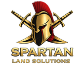 Spartan Land Solutions logo with gold Spartan helmet, crossed swords, and red crest on white background