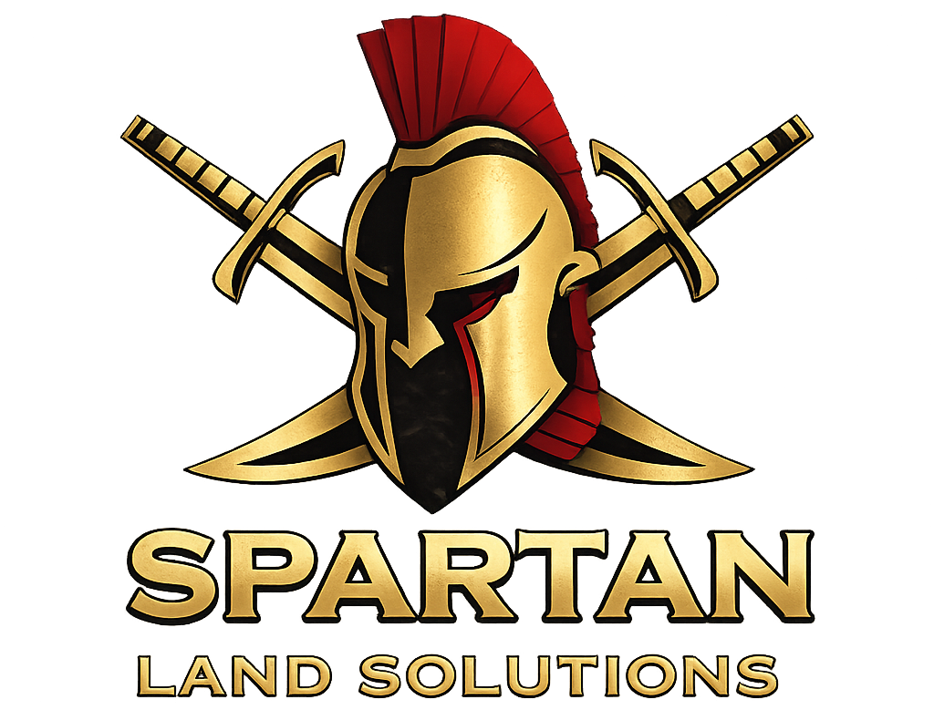 Spartan Land Solutions logo with gold Spartan helmet, crossed swords, and red crest on white background