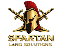 Spartan Land Solutions logo with gold Spartan helmet, crossed swords, and red crest on white background