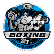 A logo for boxing strength conditioning shows a man lifting a dumbbell and a woman boxing