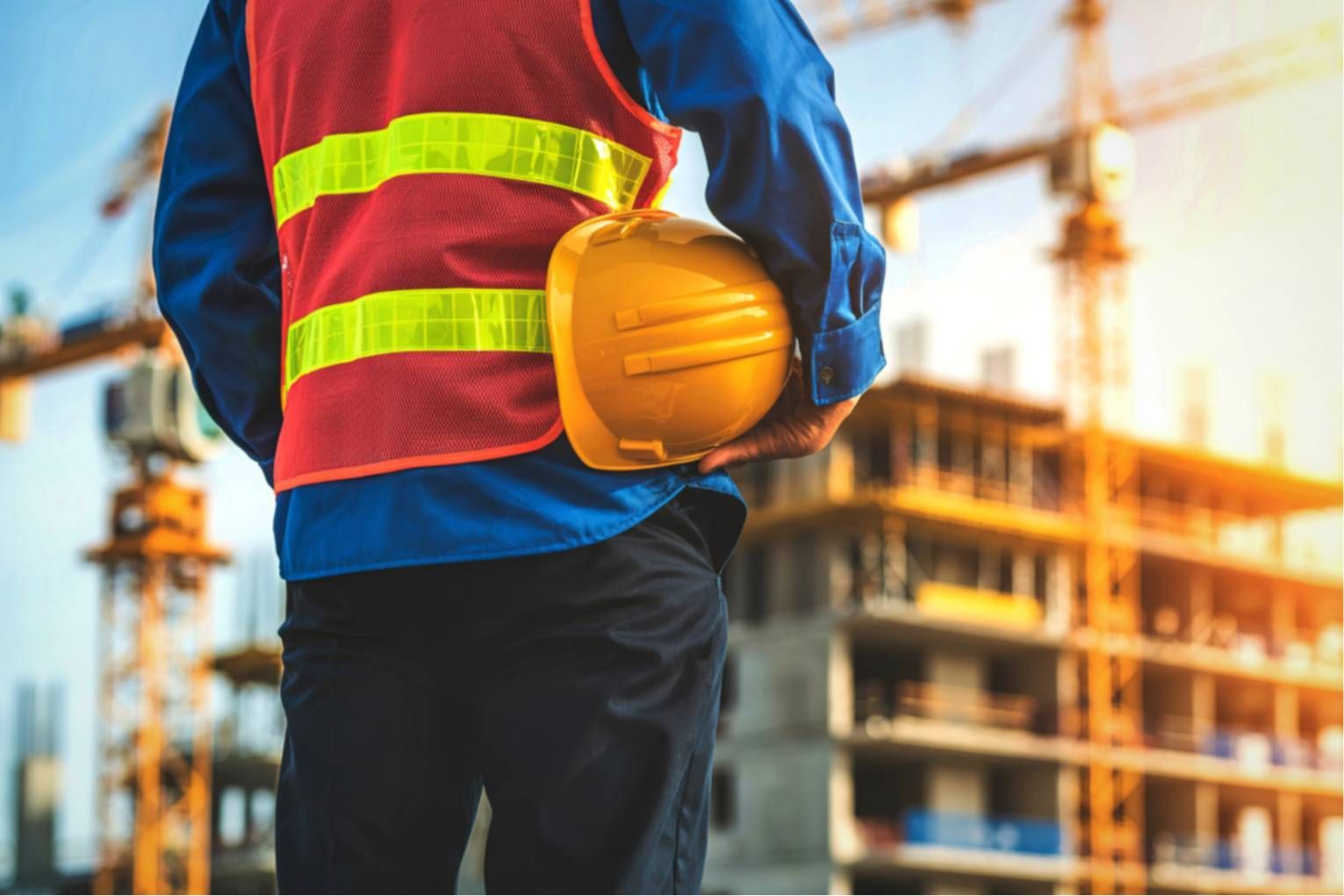Construction worker in reflective vest and hard hat at a building site.