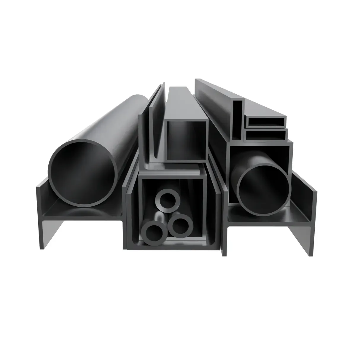 Assorted black metal pipes and structural profiles arranged in a symmetric bundle on a white background